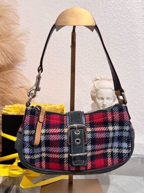 Vintage Coach Wool Tartan Plaid Shoulder Bag Suede Y2K Purse 7570